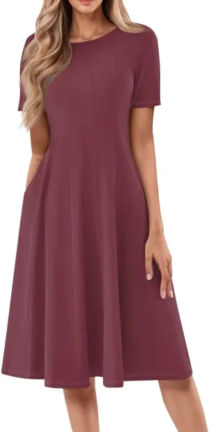 Women Summer Dresses Midi Short Sleeve Round Neck A Line Elegant Pleated Casual Dress with Side Pocket