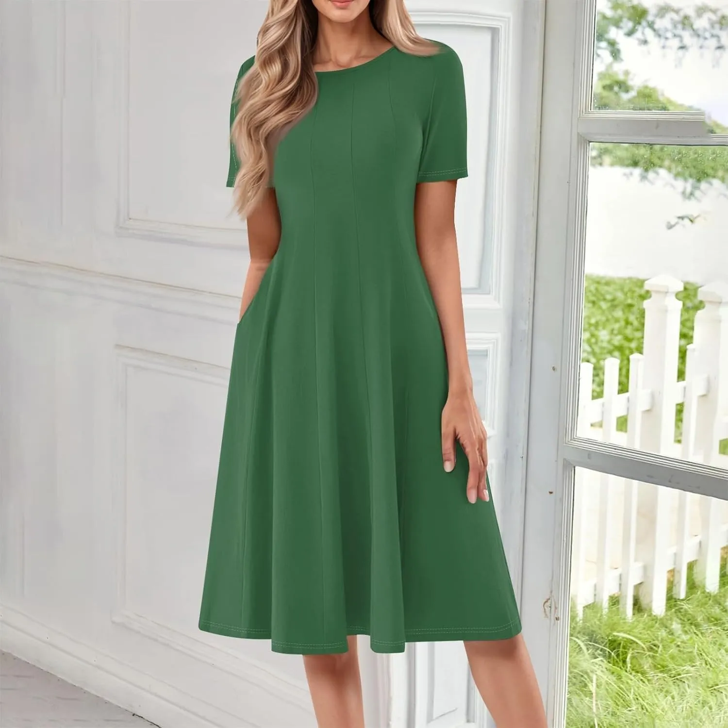 Women Summer Dresses Midi Short Sleeve Round Neck A Line Elegant Pleated Casual Dress with Side Pocket
