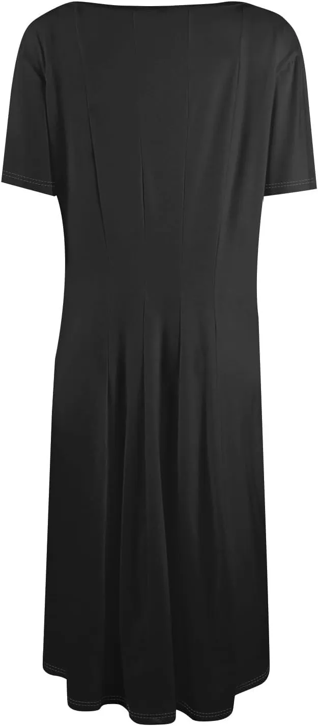 Women Summer Dresses Midi Short Sleeve Round Neck A Line Elegant Pleated Casual Dress with Side Pocket
