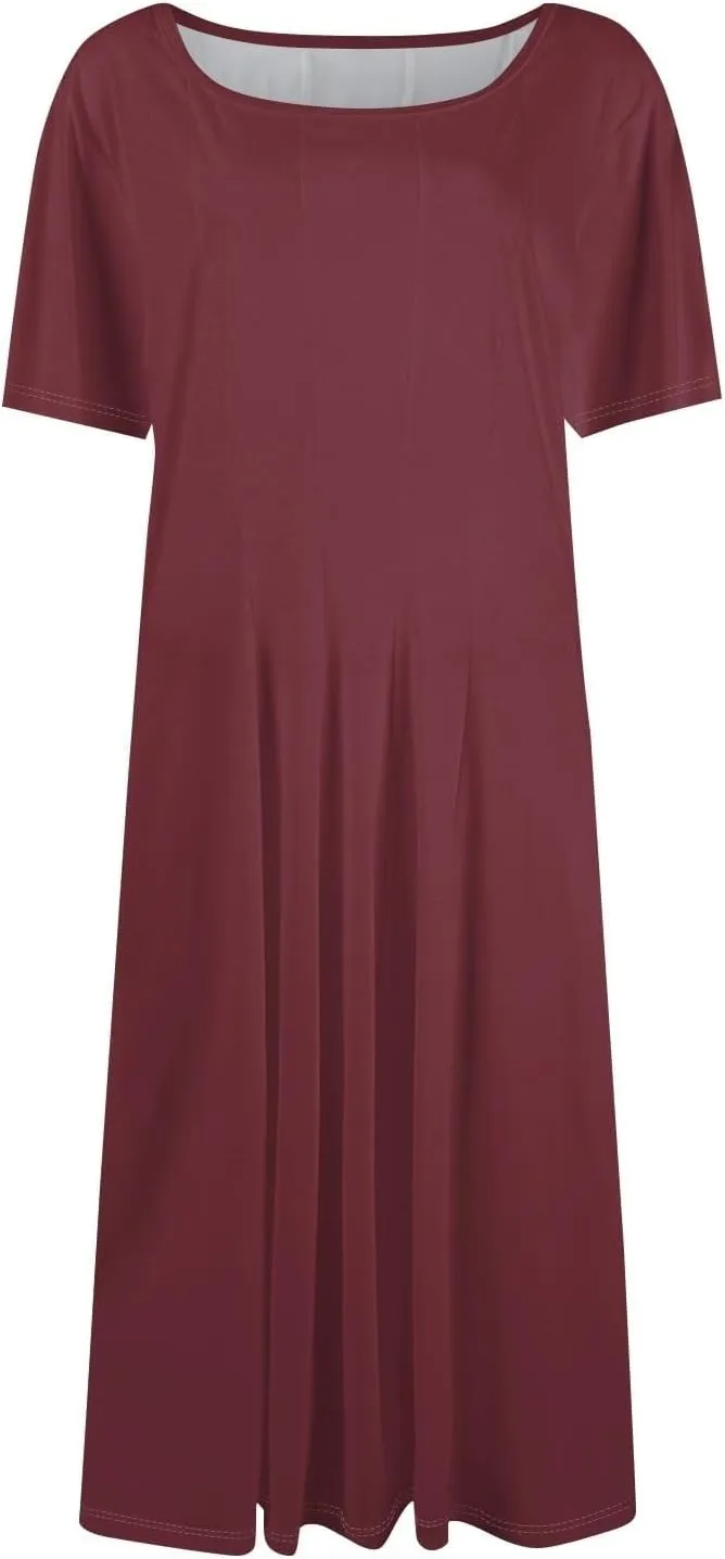 Women Summer Dresses Midi Short Sleeve Round Neck A Line Elegant Pleated Casual Dress with Side Pocket