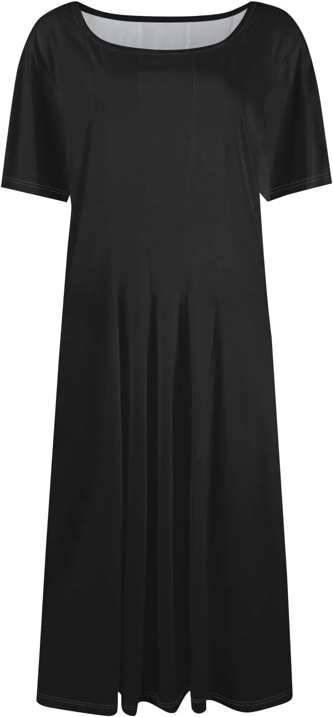 Women Summer Dresses Midi Short Sleeve Round Neck A Line Elegant Pleated Casual Dress with Side Pocket