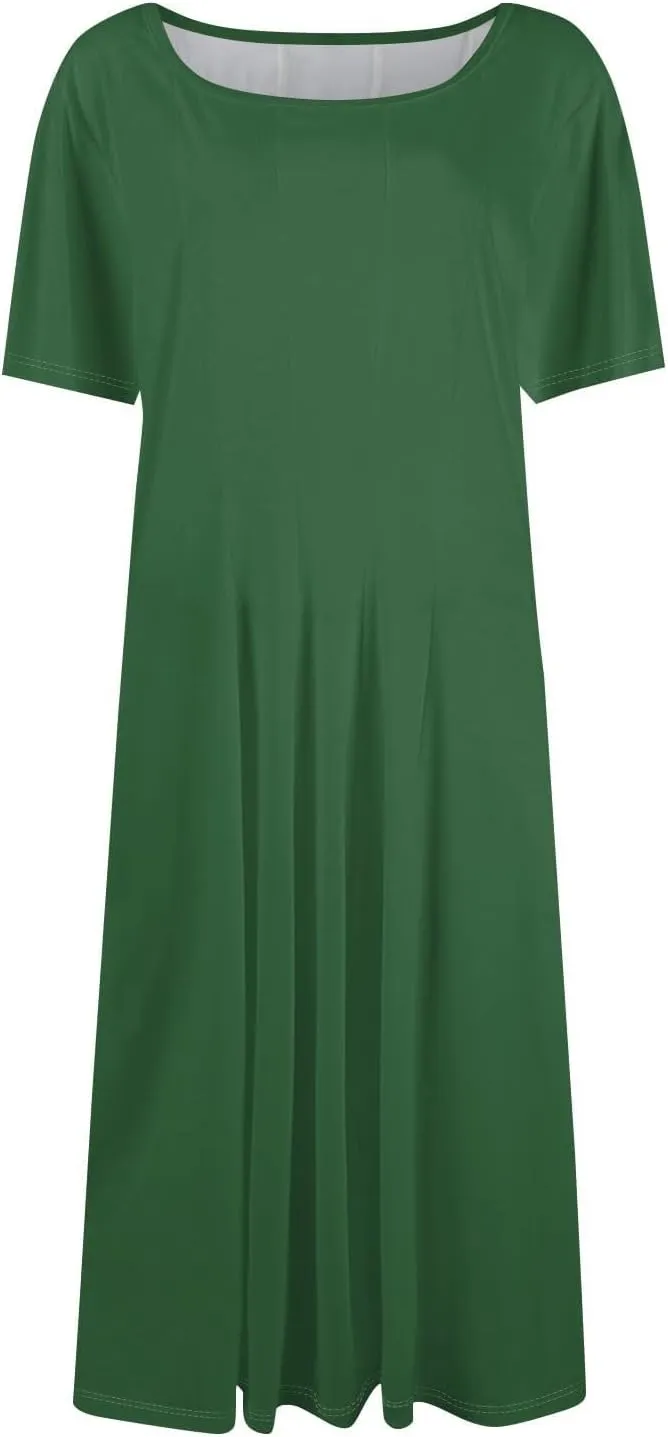 Women Summer Dresses Midi Short Sleeve Round Neck A Line Elegant Pleated Casual Dress with Side Pocket