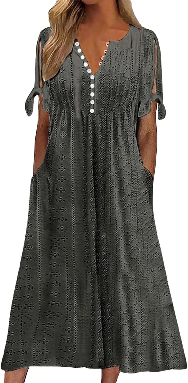 Women Summer Ruffle Hem Floral Lace Eyelet Dress Casual Notch Neck Midi Tunic Dress with Pockets