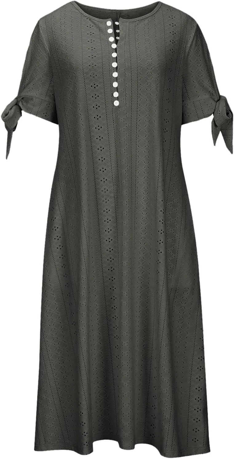 Women Summer Ruffle Hem Floral Lace Eyelet Dress Casual Notch Neck Midi Tunic Dress with Pockets