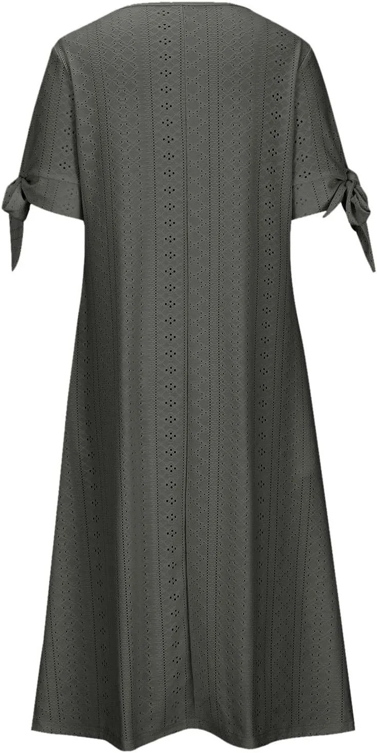 Women Summer Ruffle Hem Floral Lace Eyelet Dress Casual Notch Neck Midi Tunic Dress with Pockets