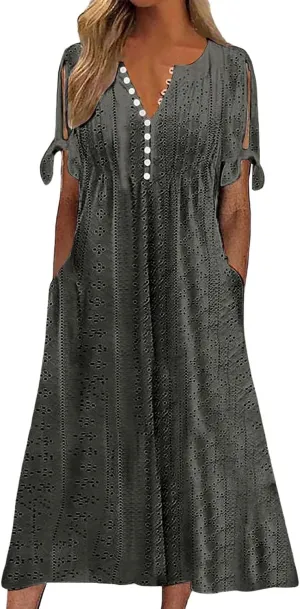 Women Summer Ruffle Hem Floral Lace Eyelet Dress Casual Notch Neck Midi Tunic Dress with Pockets