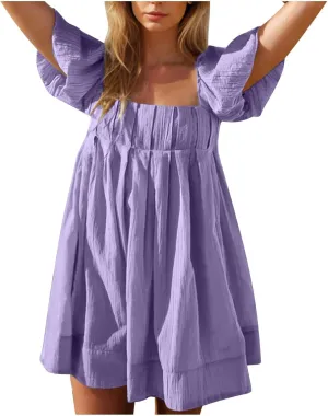 Women Summer Tunic Dress Square Neck Lantern Short Sleeve Tie Backless Pleated Ruffle A-Line Party Mini Short Dress