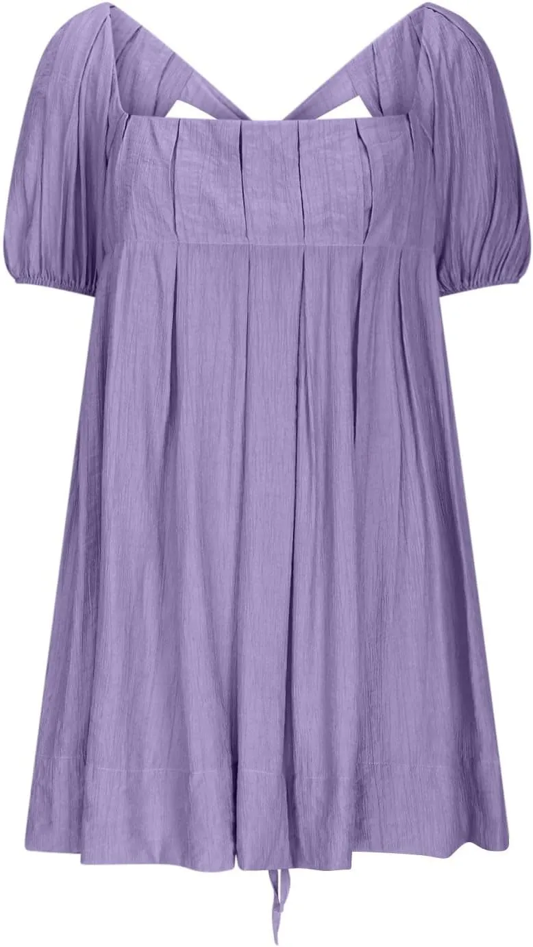 Women Summer Tunic Dress Square Neck Lantern Short Sleeve Tie Backless Pleated Ruffle A-Line Party Mini Short Dress