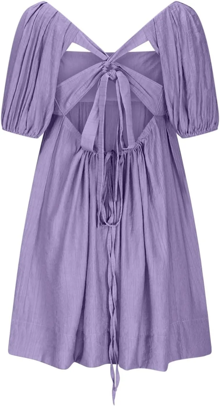Women Summer Tunic Dress Square Neck Lantern Short Sleeve Tie Backless Pleated Ruffle A-Line Party Mini Short Dress