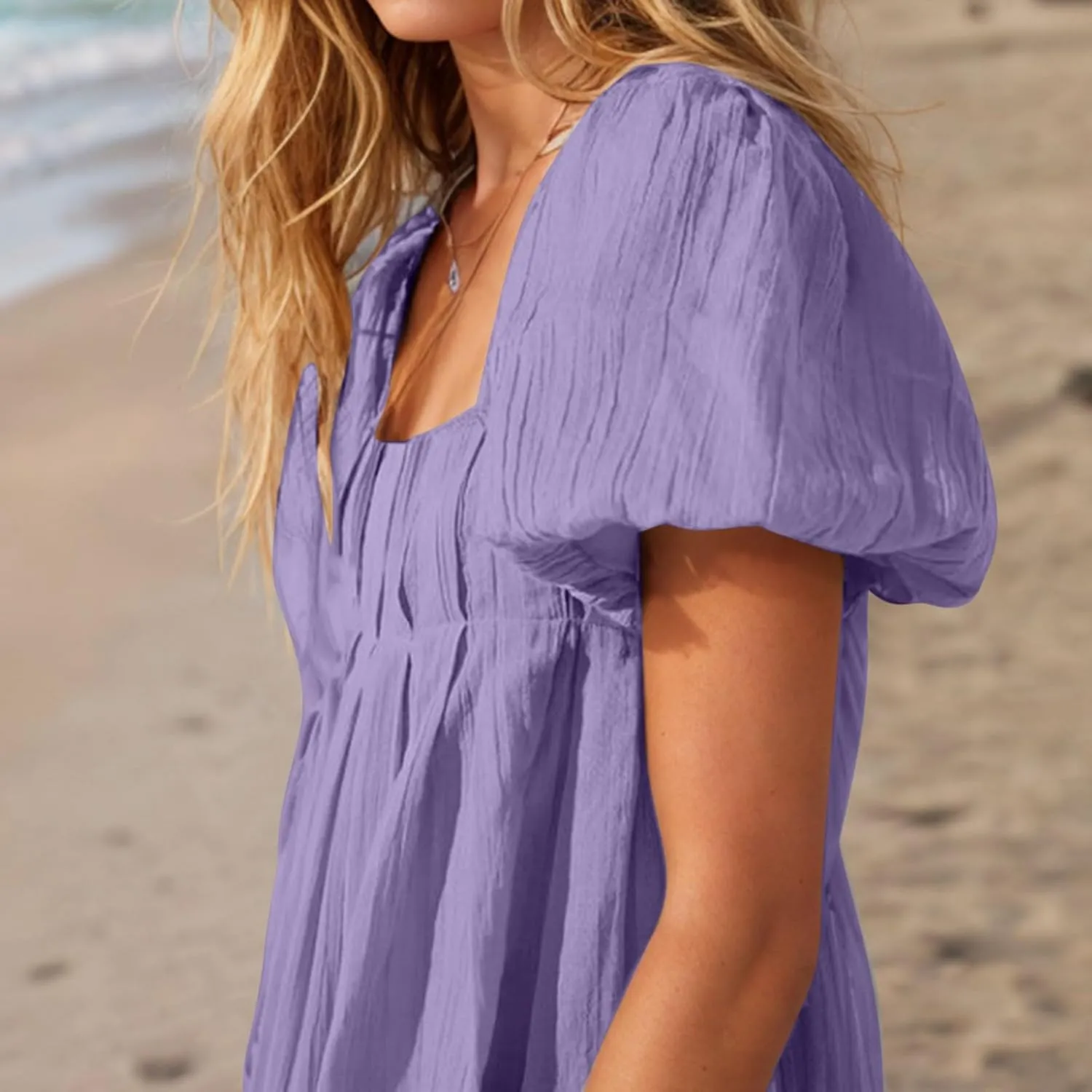 Women Summer Tunic Dress Square Neck Lantern Short Sleeve Tie Backless Pleated Ruffle A-Line Party Mini Short Dress
