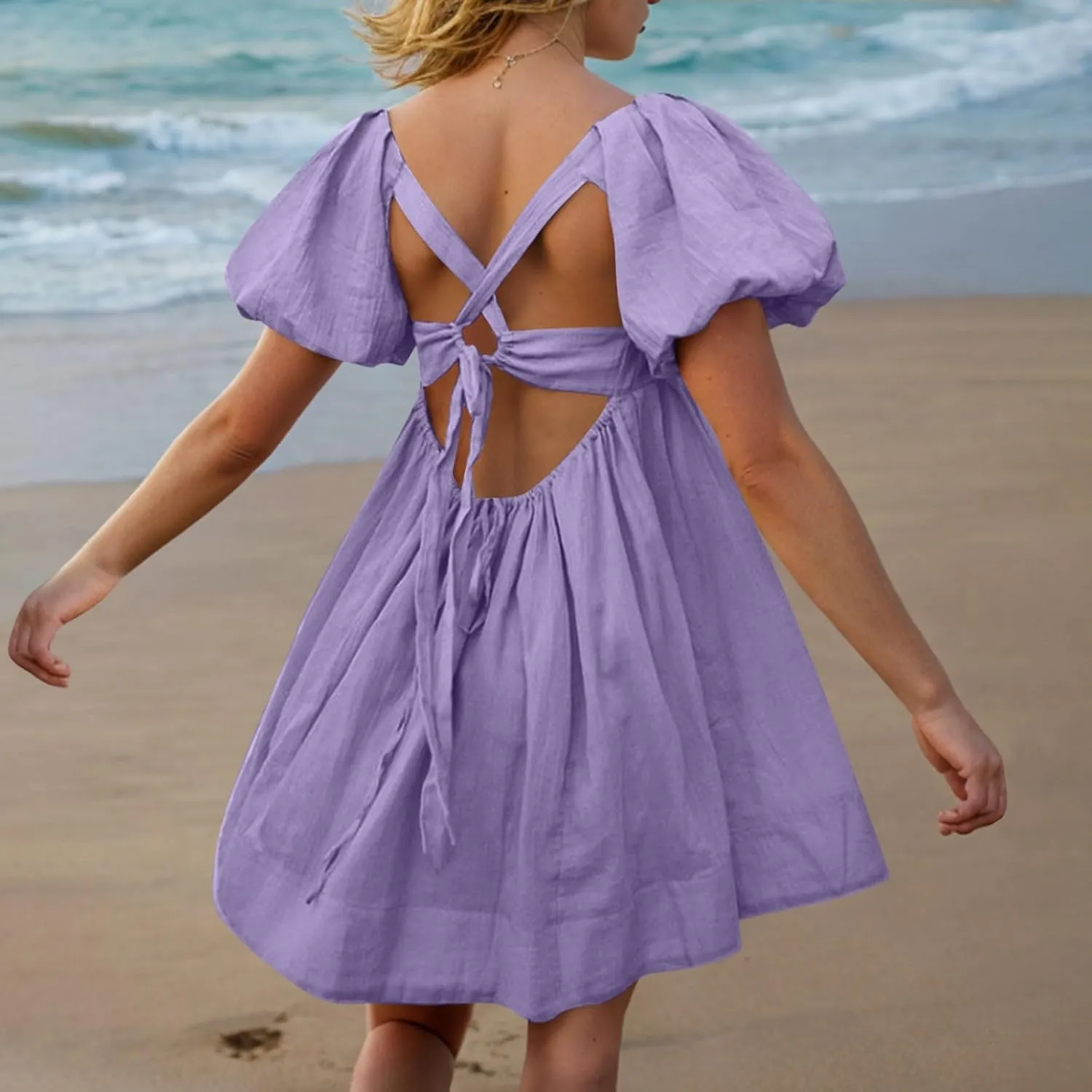 Women Summer Tunic Dress Square Neck Lantern Short Sleeve Tie Backless Pleated Ruffle A-Line Party Mini Short Dress
