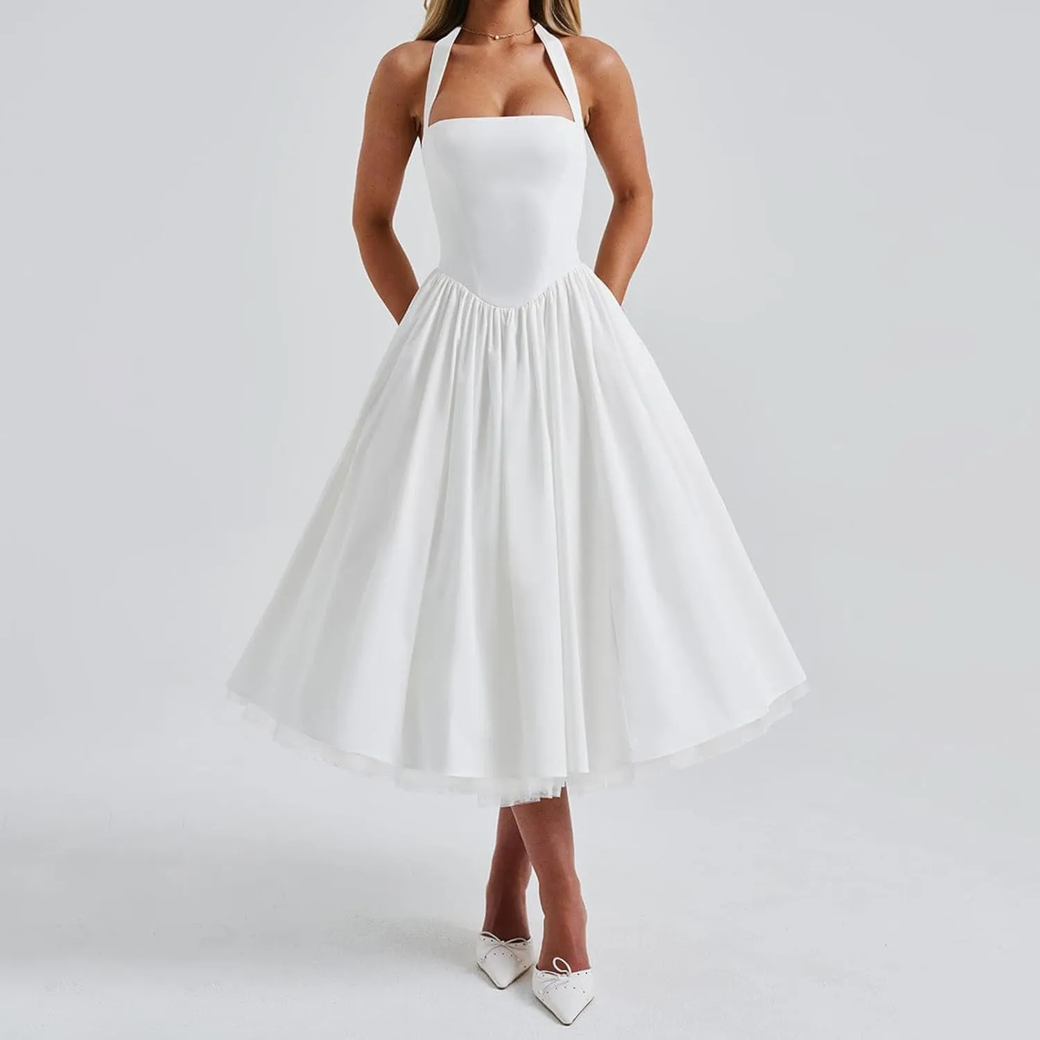 Women Tie-up Halter Neck Elegant Dress Sleeveless Open Back Solid Color Tank Dresses Slim Fit A-line Tutu Dress