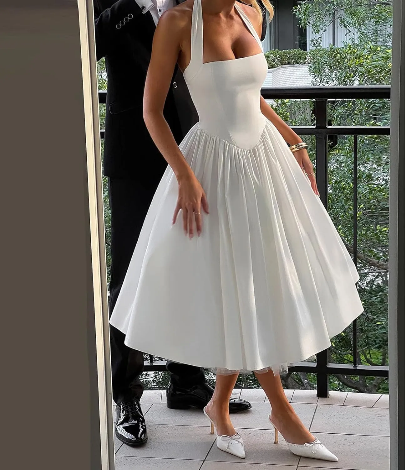 Women Tie-up Halter Neck Elegant Dress Sleeveless Open Back Solid Color Tank Dresses Slim Fit A-line Tutu Dress