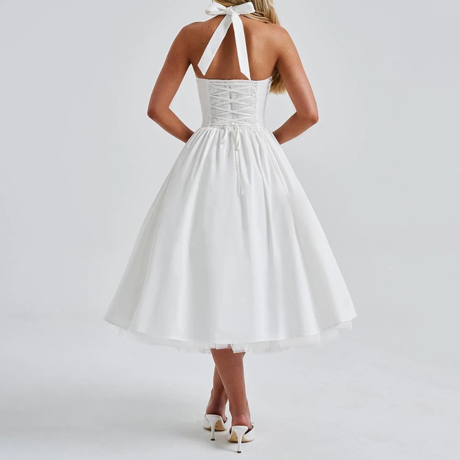Women Tie-up Halter Neck Elegant Dress Sleeveless Open Back Solid Color Tank Dresses Slim Fit A-line Tutu Dress