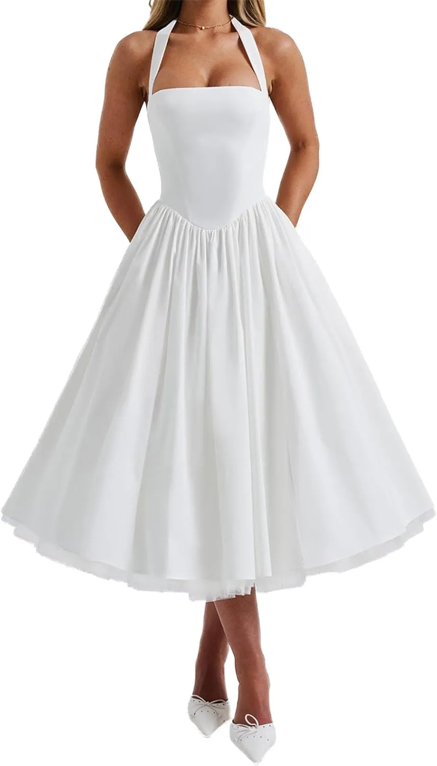 Women Tie-up Halter Neck Elegant Dress Sleeveless Open Back Solid Color Tank Dresses Slim Fit A-line Tutu Dress