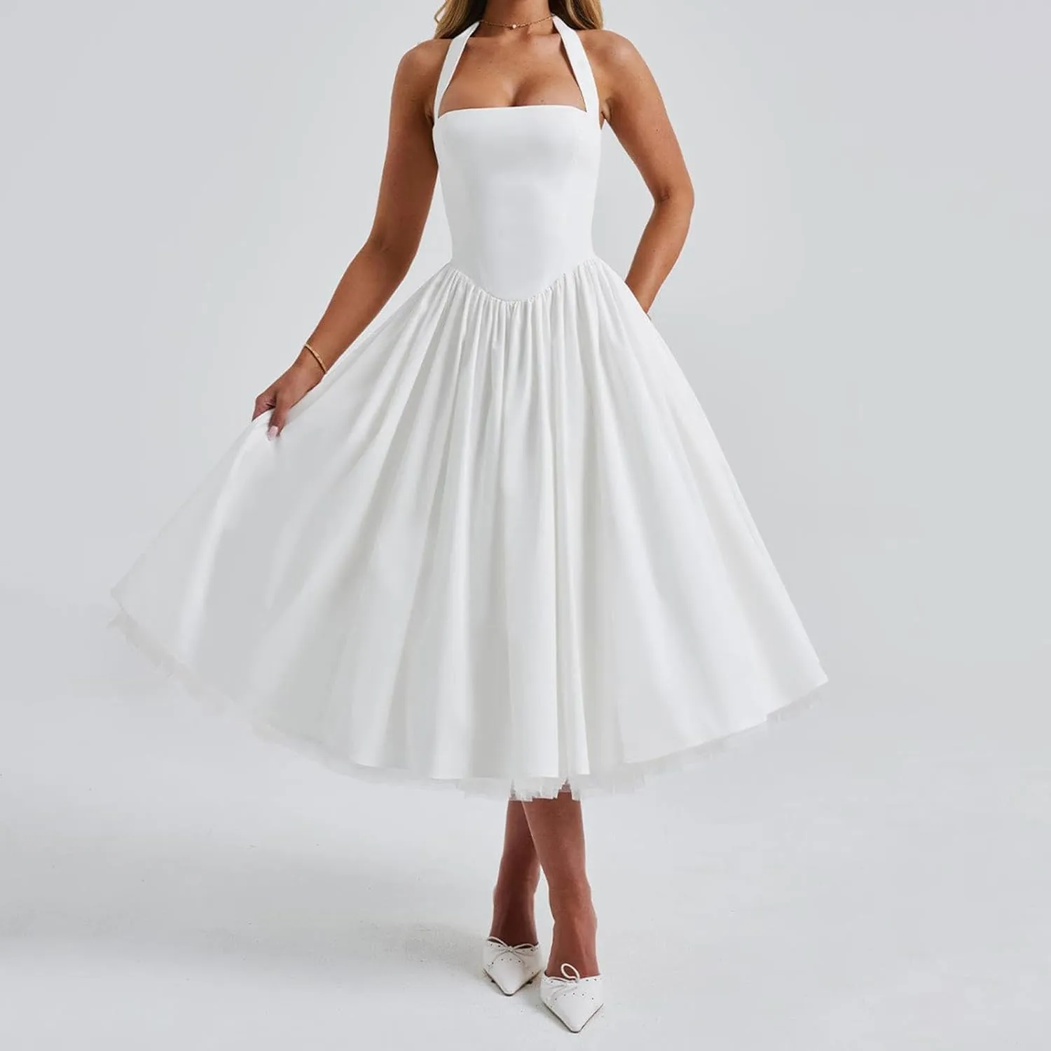 Women Tie-up Halter Neck Elegant Dress Sleeveless Open Back Solid Color Tank Dresses Slim Fit A-line Tutu Dress