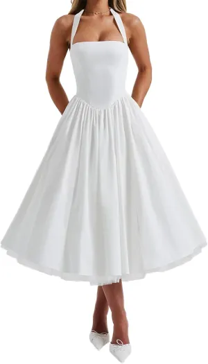 Women Tie-up Halter Neck Elegant Dress Sleeveless Open Back Solid Color Tank Dresses Slim Fit A-line Tutu Dress