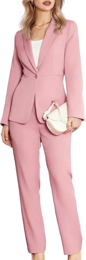 Women's 2 Piece Business Suits One Button Slim Fit Casual Blazers Office Work Formal Blazer Suit Pants Set