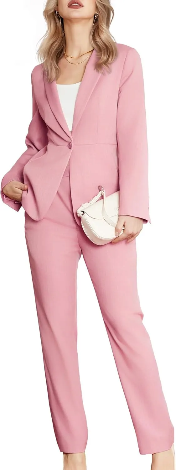 Women's 2 Piece Business Suits One Button Slim Fit Casual Blazers Office Work Formal Blazer Suit Pants Set