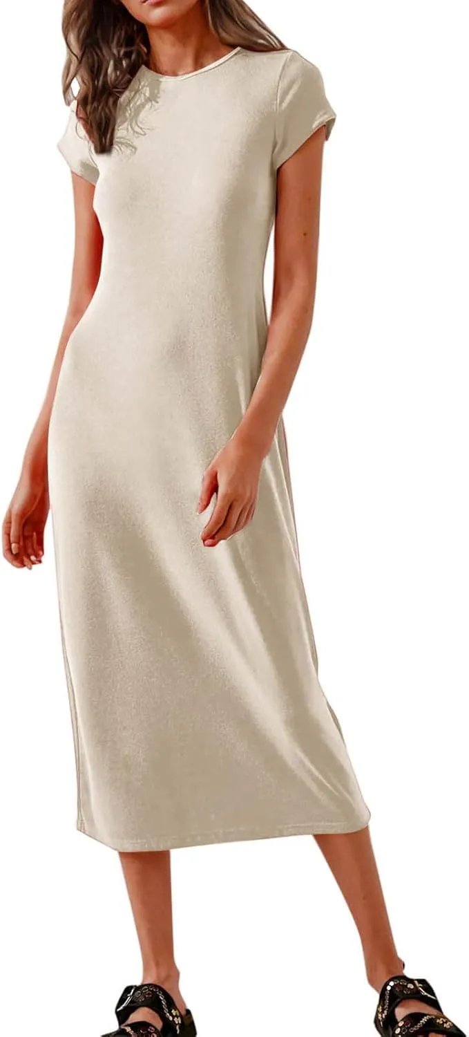 Womens 2025 Summer Tshirt Dress Casual Short Sleeve Crewneck Beach Sundress Trendy Elegant Slim Long Dresses Outfits