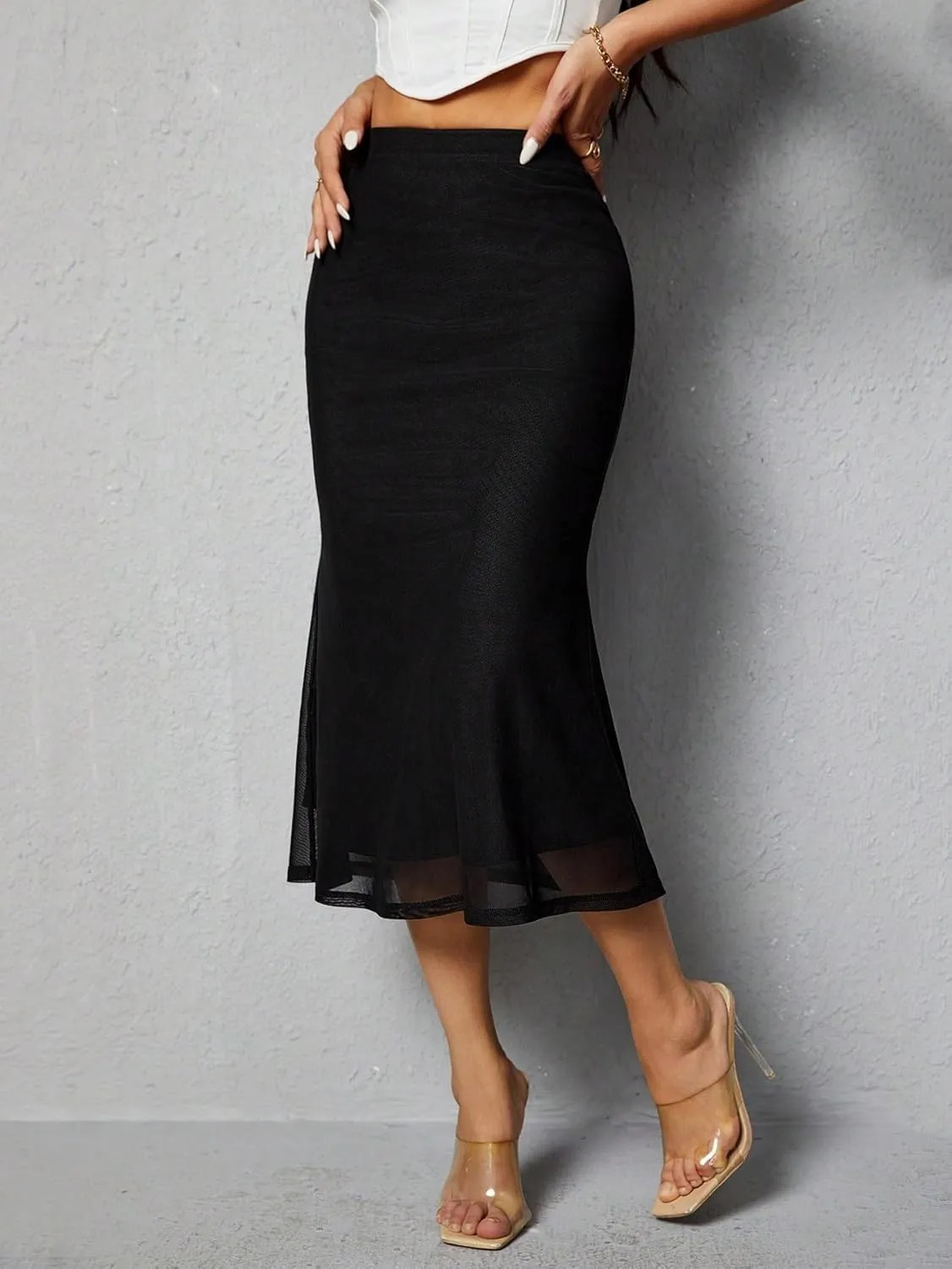 Women's Basic Elegant Mermaid Women's Solid Color Hem Midi Skirt Skinny High Waist Casual Skirts