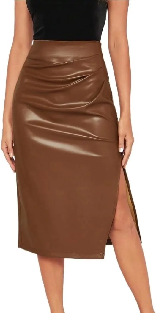 Women's Basic Elegant Split Thigh PU Leather Midi Skirt Zipper High Waist Spring/Fall Casual Skirts