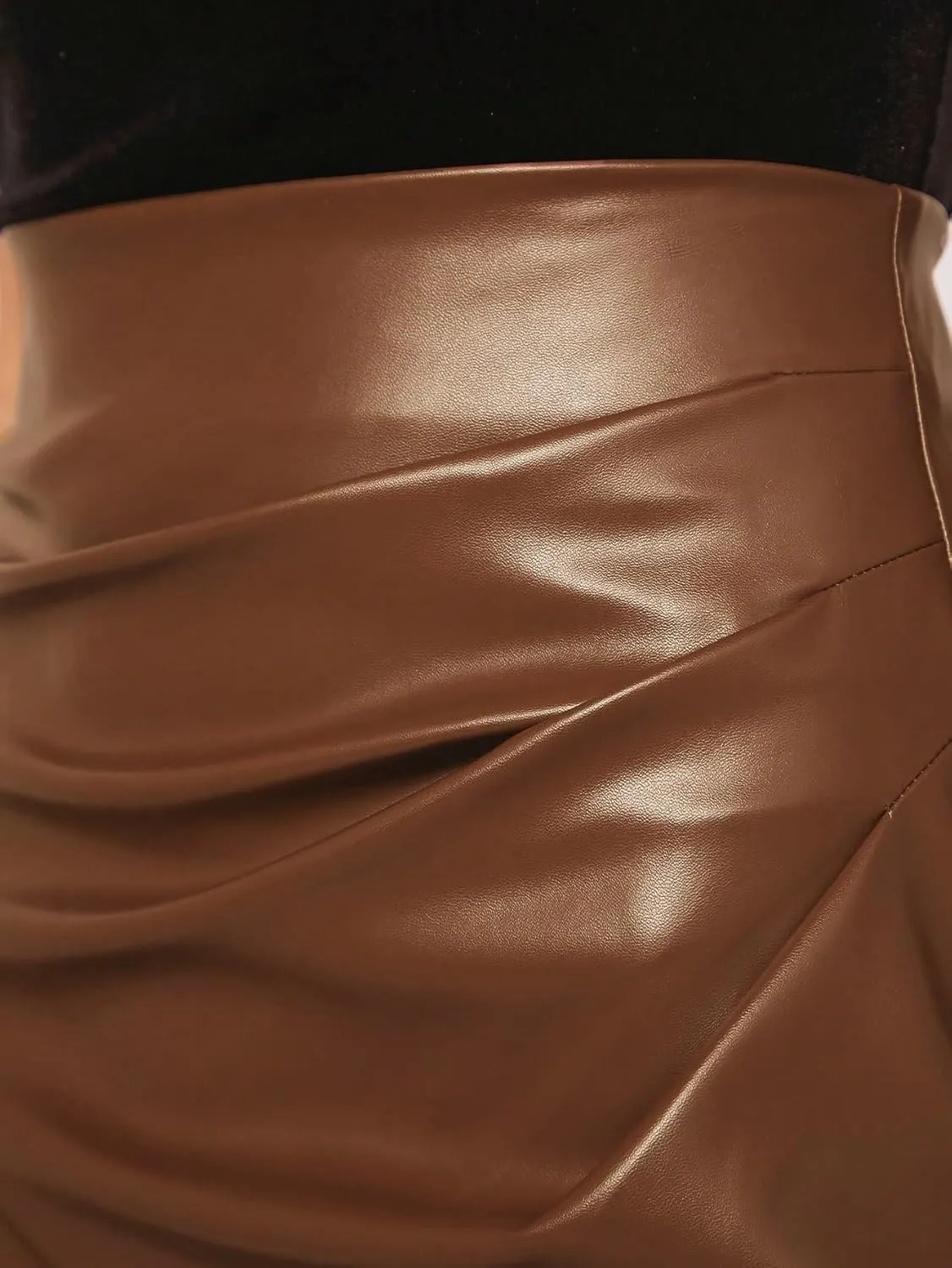 Women's Basic Elegant Split Thigh PU Leather Midi Skirt Zipper High Waist Spring/Fall Casual Skirts