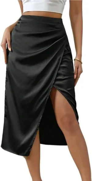 Women's Basic High Waist Ruched Wrap Hem Satin Plain Midi Skirt Elegant Split Thigh Casual Skirts