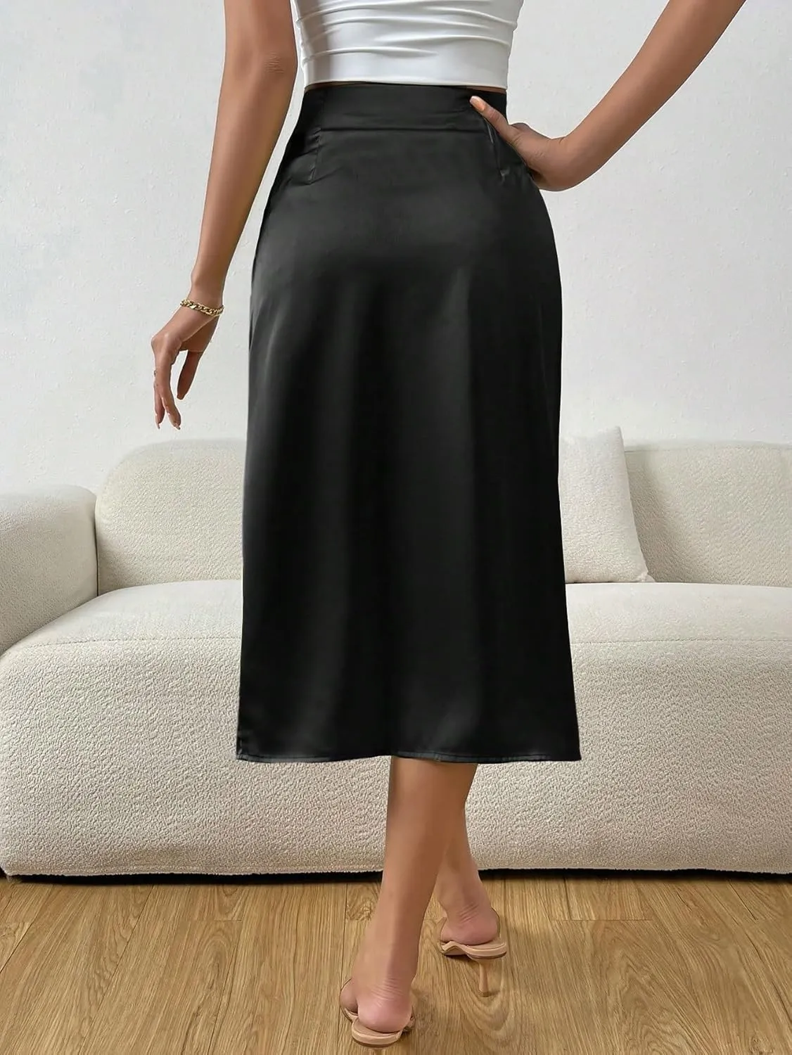 Women's Basic High Waist Ruched Wrap Hem Satin Plain Midi Skirt Elegant Split Thigh Casual Skirts