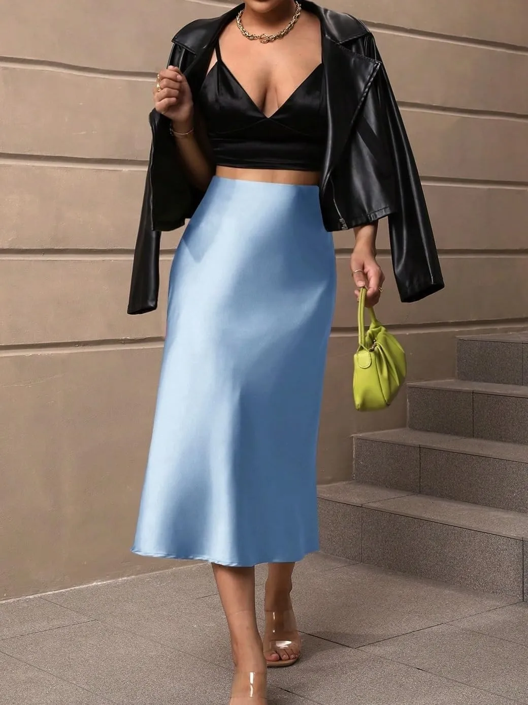 Women's Basic High Waist Solid Satin A-line Midi Regula Skirt Elegant Zipper Satin Casual Skirts