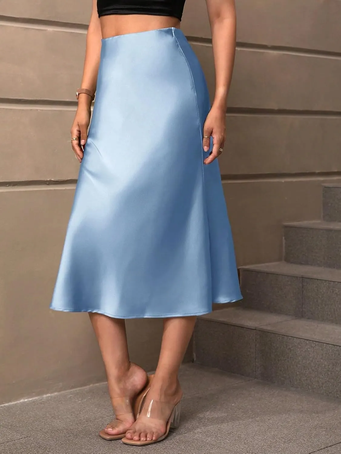 Women's Basic High Waist Solid Satin A-line Midi Regula Skirt Elegant Zipper Satin Casual Skirts
