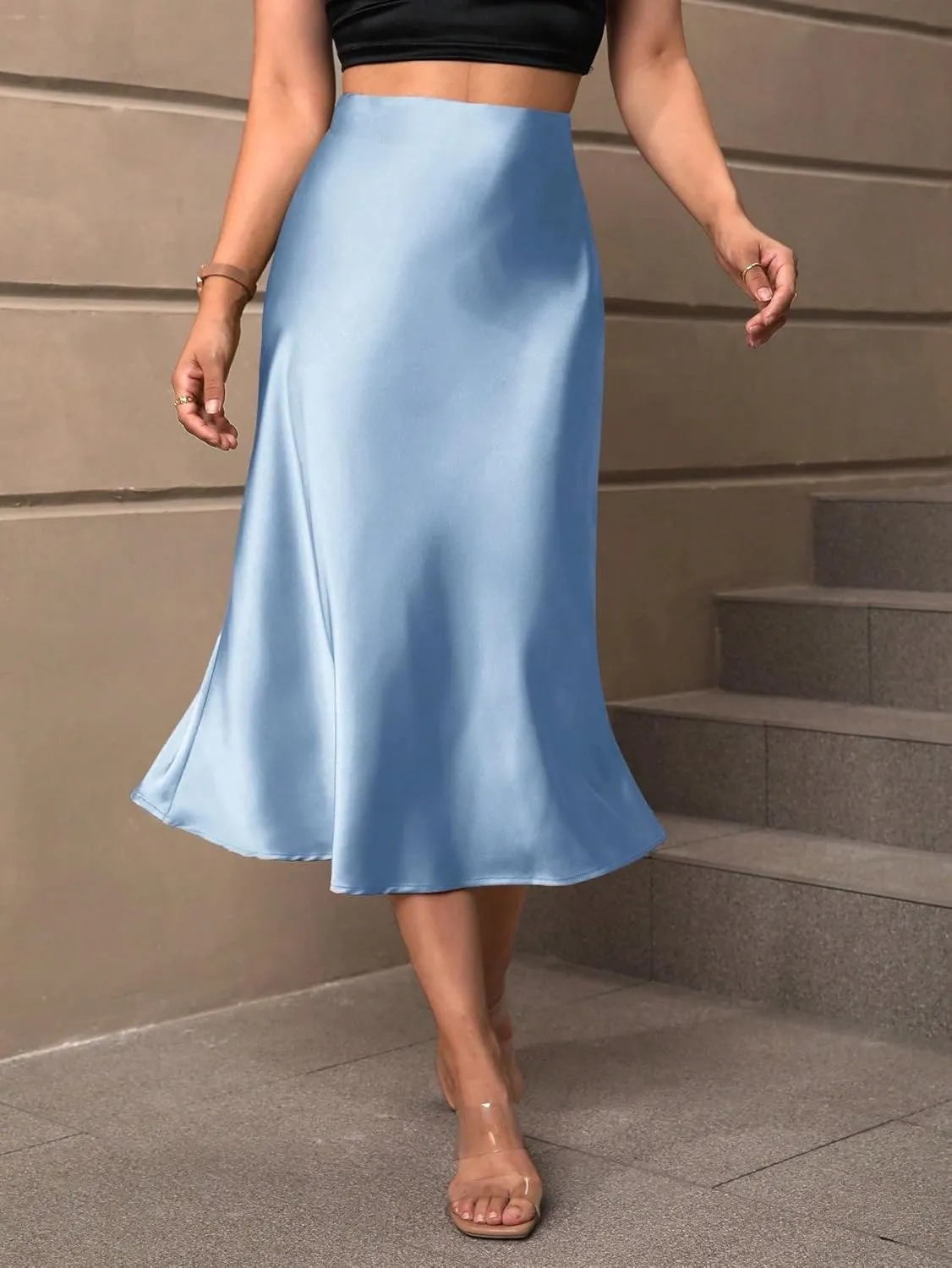 Women's Basic High Waist Solid Satin A-line Midi Regula Skirt Elegant Zipper Satin Casual Skirts