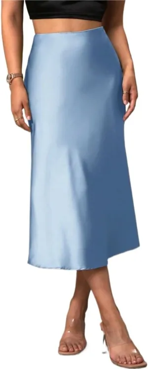 Women's Basic High Waist Solid Satin A-line Midi Regula Skirt Elegant Zipper Satin Casual Skirts
