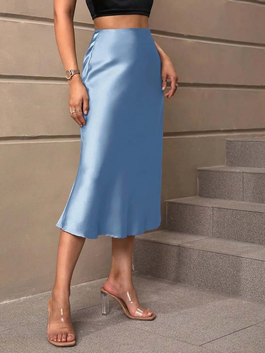 Women's Basic High Waist Solid Satin A-line Midi Regula Skirt Elegant Zipper Satin Casual Skirts