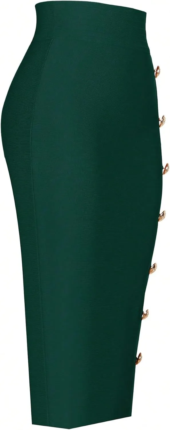 Women's Basic Medium Length Midi Skirt With Single Row Button Front Elegant Pencil Casual Skirts