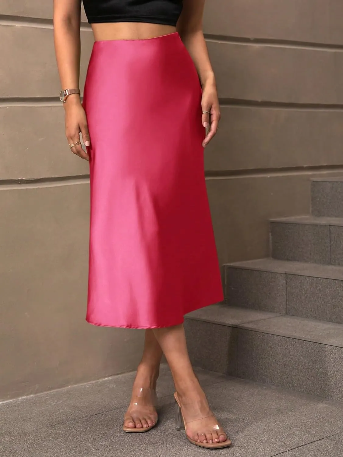 Women's Basic Solid Color Casual High Waist Hem Midi Skirt Elegant Zipper A Line Casual Skirts