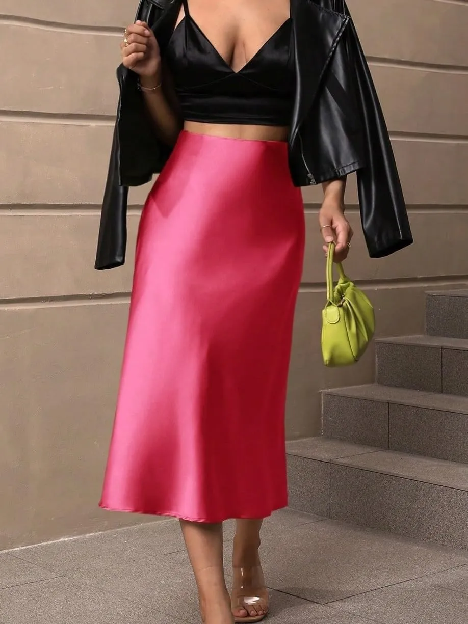 Women's Basic Solid Color Casual High Waist Hem Midi Skirt Elegant Zipper A Line Casual Skirts