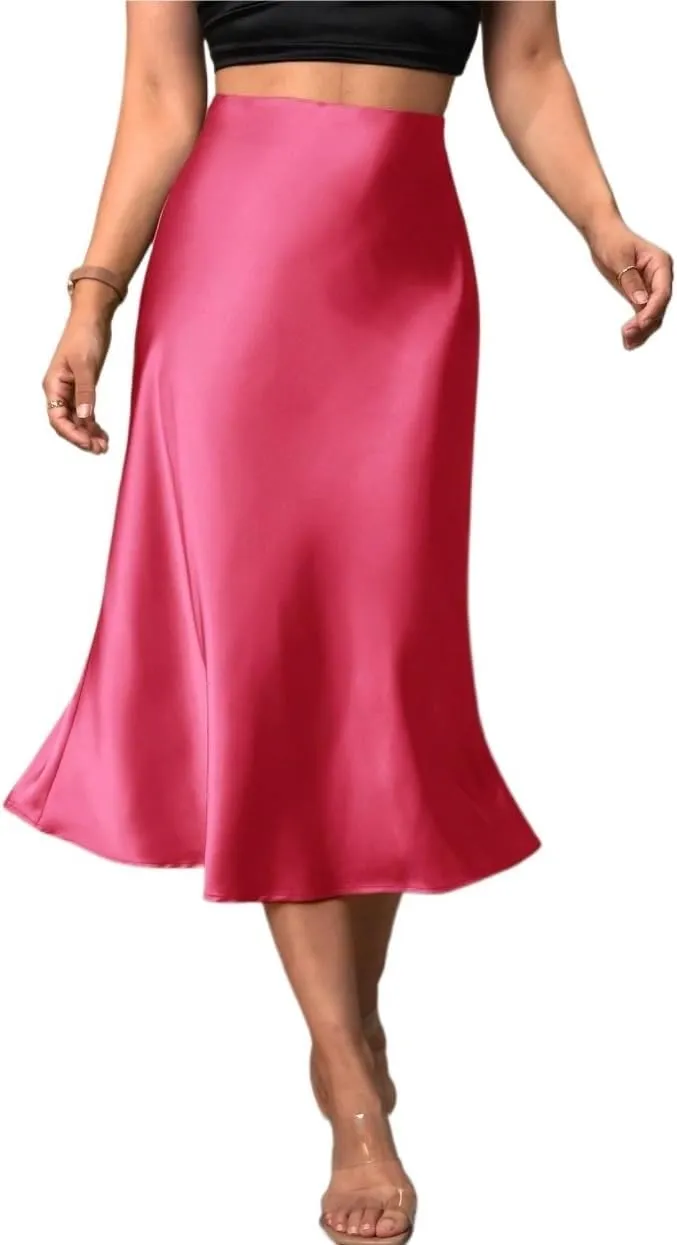 Women's Basic Solid Color Casual High Waist Hem Midi Skirt Elegant Zipper A Line Casual Skirts