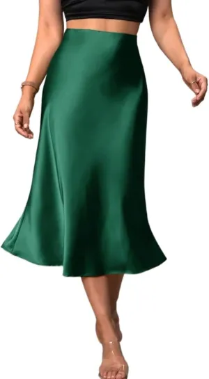 Women's Basic Solid Color Satin Casual Midi Skirt Elegant A Line Party High Waist Casual Skirts
