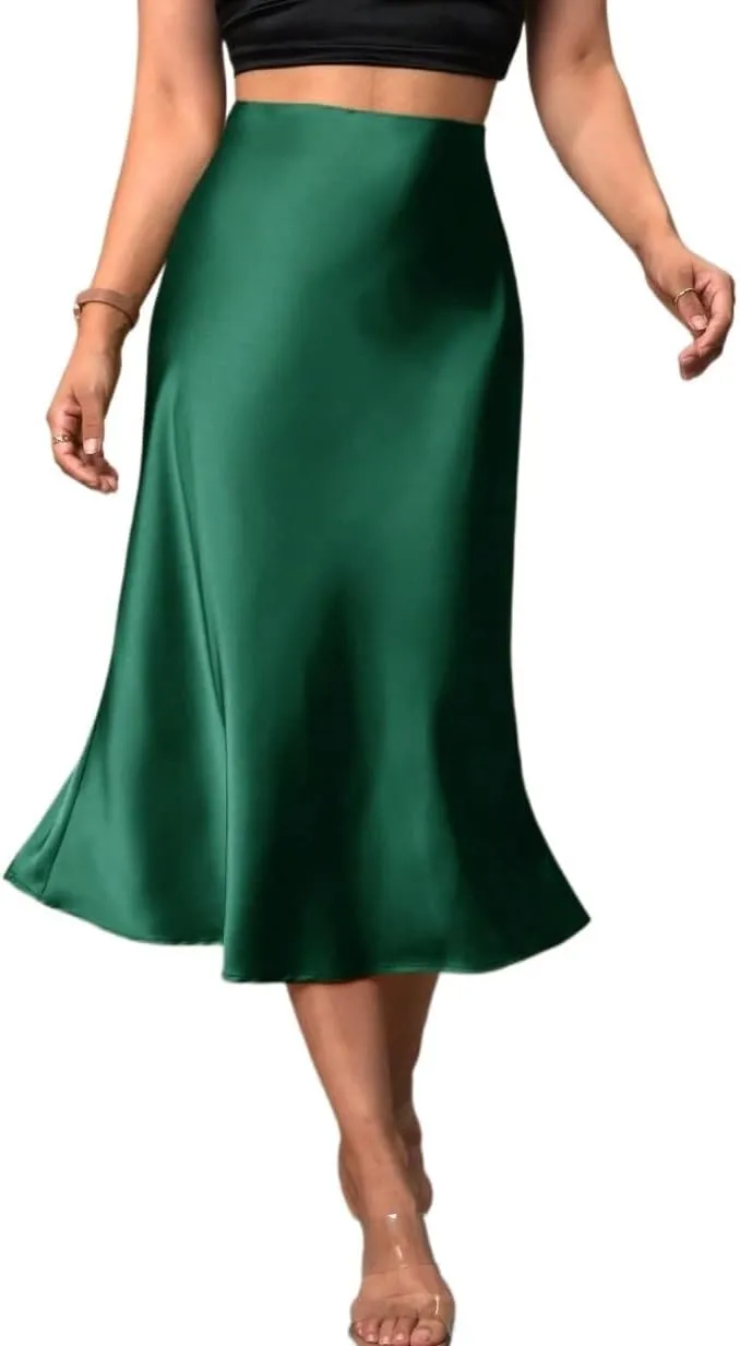 Women's Basic Solid Color Satin Casual Midi Skirt Elegant A Line Party High Waist Casual Skirts
