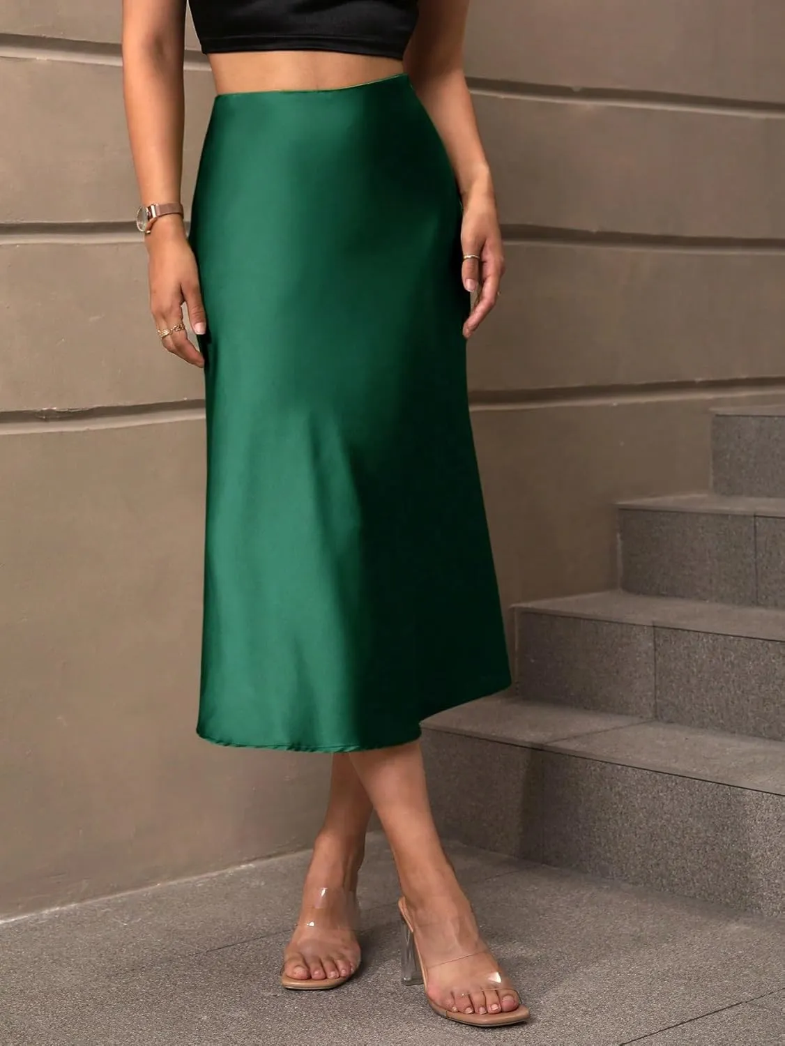 Women's Basic Solid Color Satin Casual Midi Skirt Elegant A Line Party High Waist Casual Skirts