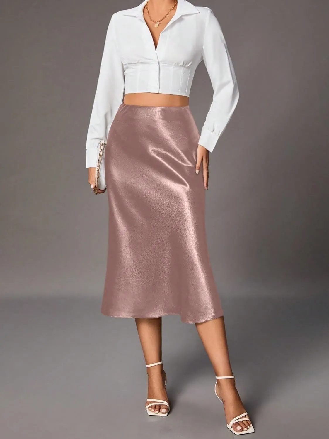 Women's Basic Solid Color Zipper Closure Women's Elegant A-Line Midi Skirt Summer Casual Skirts