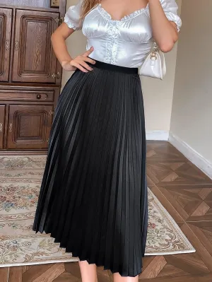 Women's Basic Solid Pleated Midi Skirt Elegant Plain High Waist Loose Non-Stretch Casual Skirts