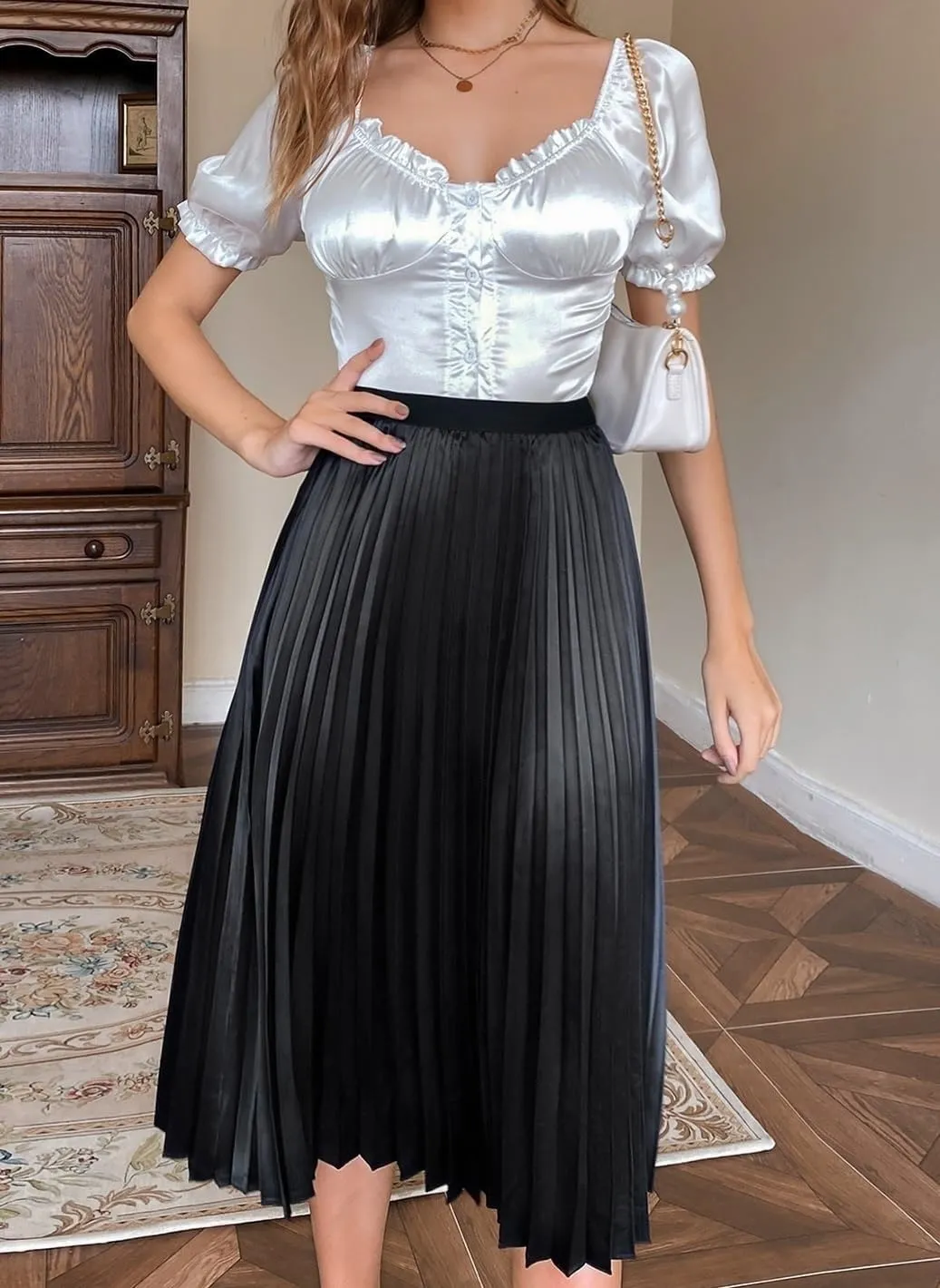 Women's Basic Solid Pleated Midi Skirt Elegant Plain High Waist Loose Non-Stretch Casual Skirts