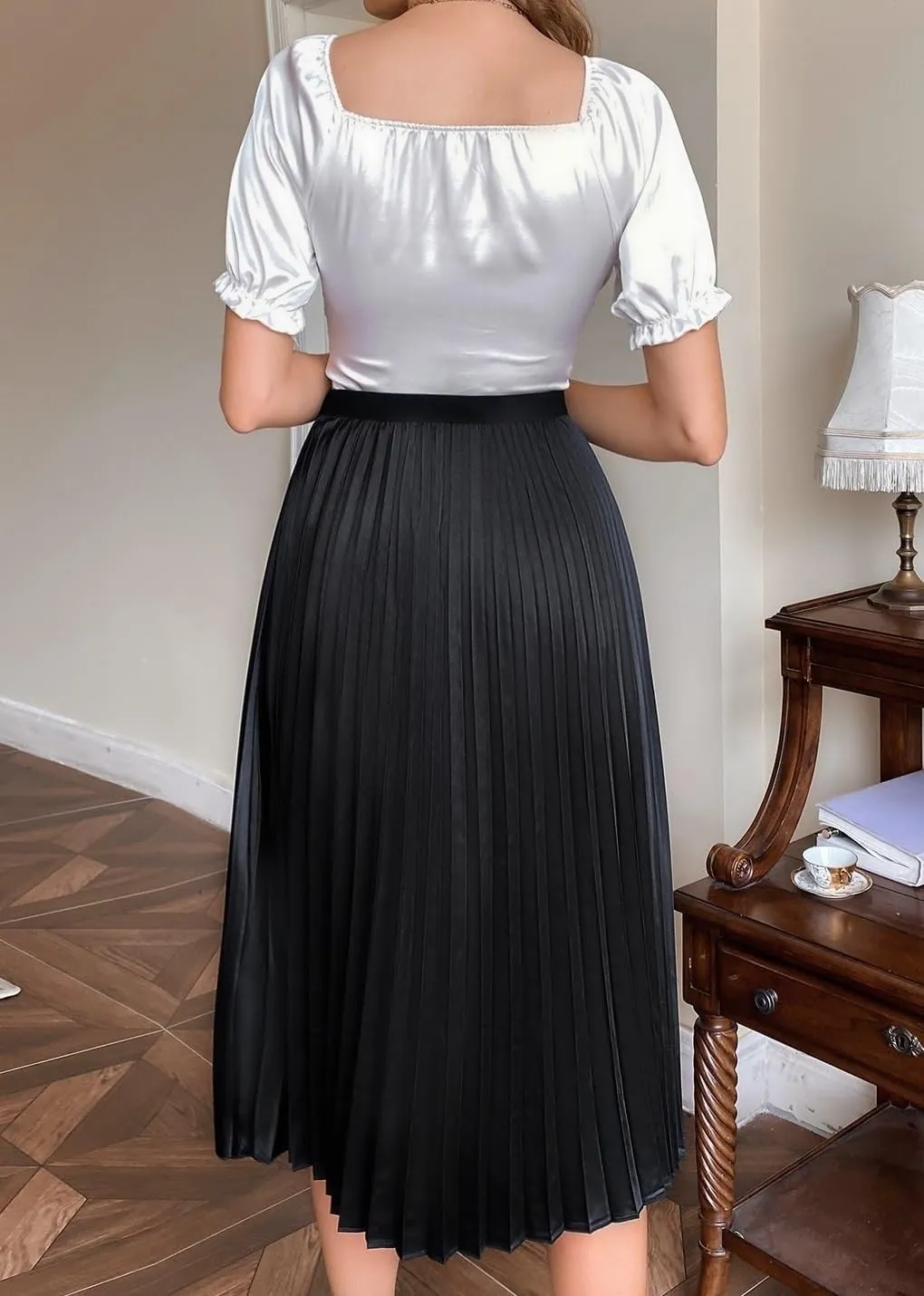 Women's Basic Solid Pleated Midi Skirt Elegant Plain High Waist Loose Non-Stretch Casual Skirts