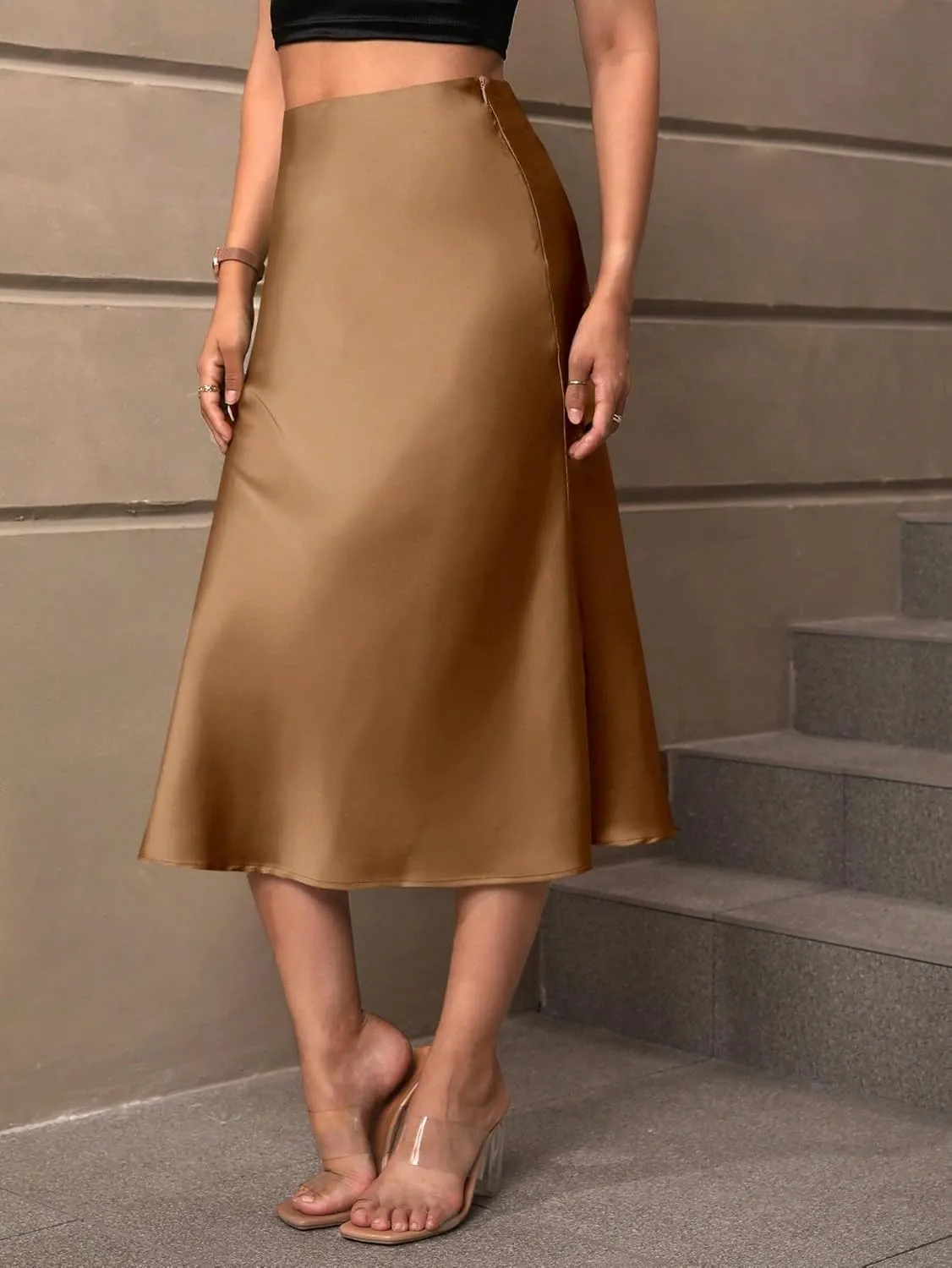 Women's Basic Solid Zipper Side Satin Midi Satin Skirt Elegant Plain High Waist Flared Casual Skirts