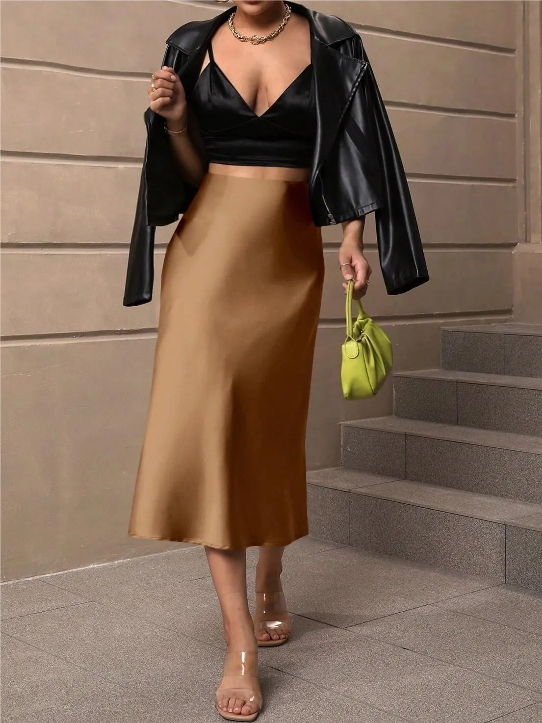 Women's Basic Solid Zipper Side Satin Midi Satin Skirt Elegant Plain High Waist Flared Casual Skirts