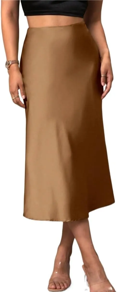 Women's Basic Solid Zipper Side Satin Midi Satin Skirt Elegant Plain High Waist Flared Casual Skirts