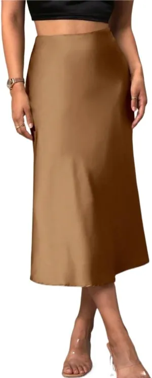 Women's Basic Solid Zipper Side Satin Midi Satin Skirt Elegant Plain High Waist Flared Casual Skirts