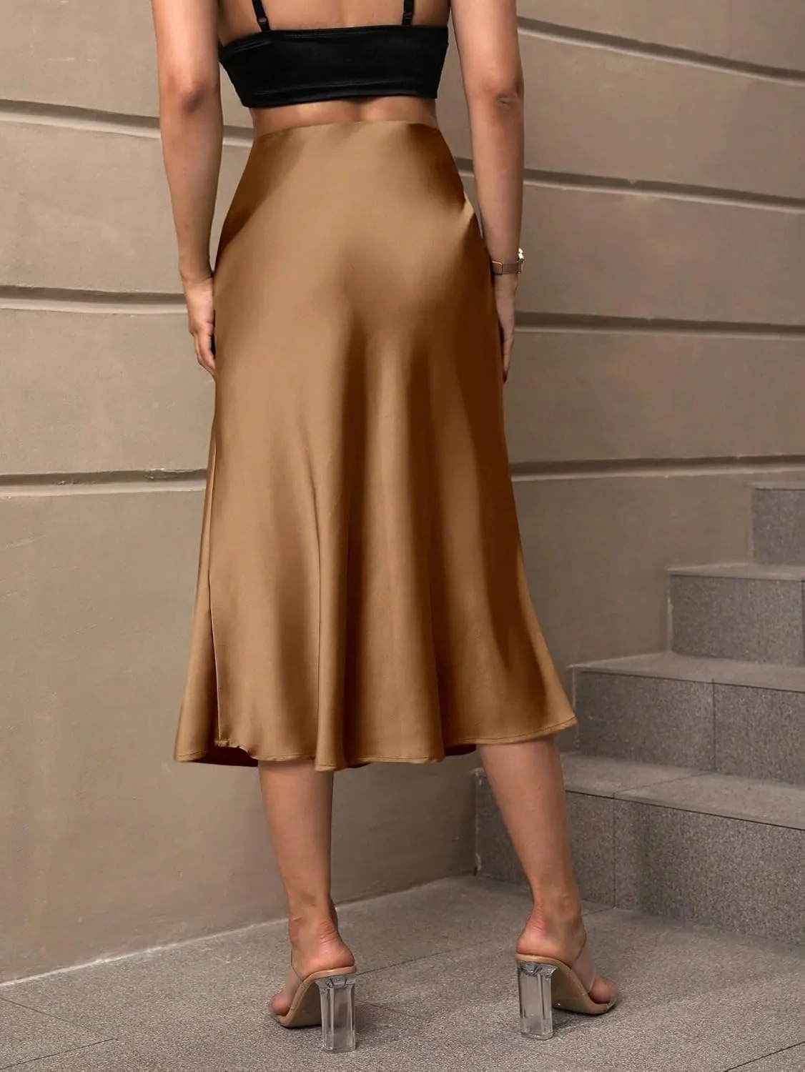 Women's Basic Solid Zipper Side Satin Midi Satin Skirt Elegant Plain High Waist Flared Casual Skirts